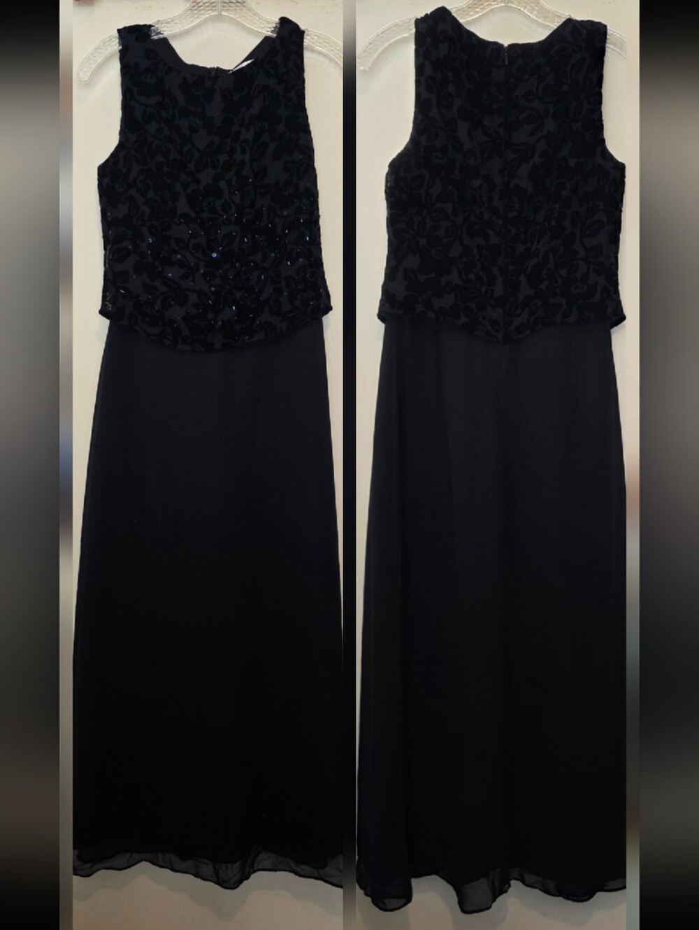 Vintage J.R. Nites Black Scoop Neck Sleeveless Floral Sequin Maxi Dress Lined 4P